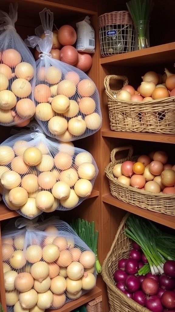 Onions stored in mesh bags and baskets in a cool pantry.